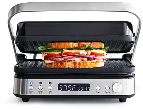 GreenPan Electric Indoor Stainless Steel 6-in-1 Contact Grill and Griddle, Healthy Ceramic Nonstick, Dishwasher Safe Reversible Plates, PFAS-Free