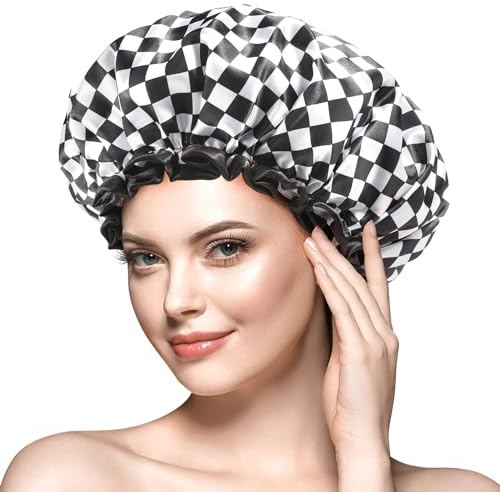 mikimini Large Shower Cap for Women, Double-layer Waterproof, Reusable, Washable Hair Cap for Long Thick Hair, Black and White Checkered Design - Contemporary and Chic Accessories