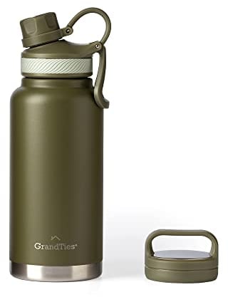 GRANDTIES 2 Lids Sports Stainless Steel Water Bottles – Wide Mouth Vacuum Insulated Reusable Leak Proof BPA-Free Travel Metal Canteen, Thermal Bottles for Men Women Gym (Olive Green 32 oz)