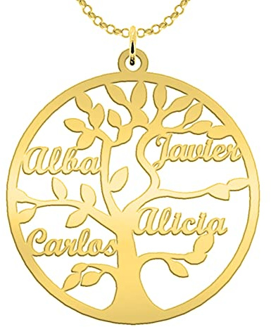 Collar Árbol de la Vida Personalizado Chapado en Oro 18K con Nombres Grabados — Hasta 9 Nombres — Regalo Emotivo para Madre o Abuela — Colgante Familiar Mujer — Mi Joya Personalizada