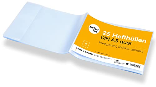 perfect line 25 Heft-Hüllen QUERFORMAT DIN-A5, Heftumschlag transparent & genarbt, Heftschoner aus recyclebarem Polypropylen (PP), MADE IN GERMANY