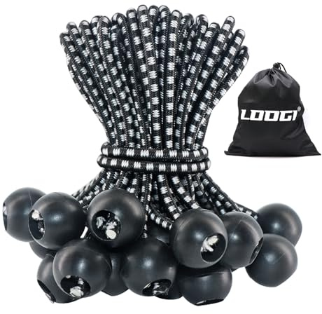 LOOGI Bungee Cord with Balls, 50Pcs 6 Inch Black Bungee Ball Cords, Heavy Duty Tarp Bungees Ties Elastic Tie Down Straps for Tarpaulin Tent Camping Pavilions Flag Marquee