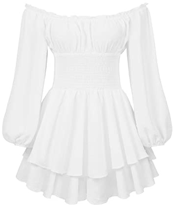 OBEEII Damen Kleid-Overall Boho Schulterfreier Strampler mit Blumendruck, Fester Rückenausschnitt, Rüschensaum, Chiffon-Overall Weiß B S