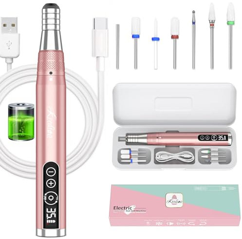 Kredioo Ponceuse Ongles 35000 Tours Cordless avec Affichage LED 6 Embouts Céramic Lime à Ongles Electrique pour Retirer Vernis / Gel /Vernis Semi-permanent