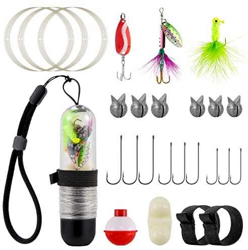 Dr.Fish 25 Pieces Pocket Reel Survival Fishing Kit Line Jig Head Hook Spoon Spinner Bait Hiking Camping Fishing Tool