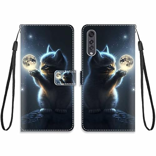KARTXITAI Hülle Kompatibel mit LG Velvet 5G,Leder Handyhülle mit Kartenfach Geld Slot Ständer PU Ledertasche Wallet Flip Magnetische Muster Schutzhülle-Mondkatze,Himmel,Sterne
