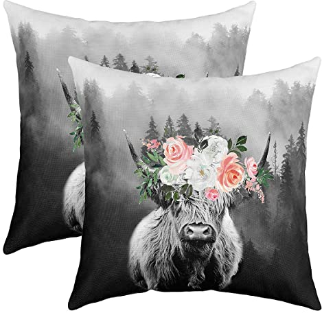 Hochland Kuh Kissenbezüge 50x50cm 2er Set Kissenbezüge Weiche Hochland Rinder Floral Kissenhülle Kissenbezug für Couch Sofa Schlafzimmer Auto Umkehrbar Western Zierkissenbezüge Sofakissen Couchkissen