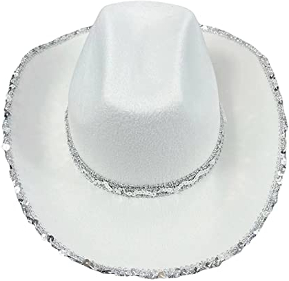 Qtinghua Weiß/Rosa Cowboyhut für Frauen Flauschiger Federbesatz Halloween Kostüm Cowgirl Hut für Cosplay Verkleidung Party Rollenspiel Geburtstagsfeier (Silberrand Pailletten Weiß, Einheitsgröße)