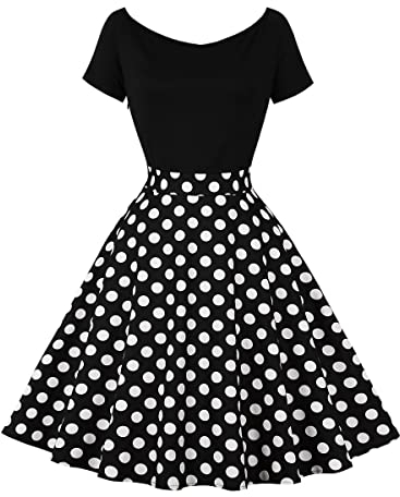 Rockabilly Kleider Damen Vintage Gepunktet Schulterfrei Kurzarm A-Linie Partykleid 50er Jahre Retro Schwingen Kleid Faltenrock Festliches Cocktailkleid Midi Abendkleid Elegant f?r Hochzeit Schwarz XL