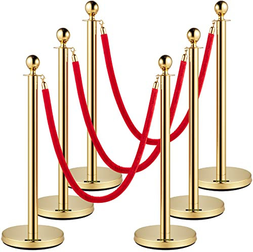 VEVOR Poteau de Guidage Doré 6PCs, Barrière de Balisage pour Contrôle de Foules avec Corde en Velours Rouge 1,5 m, pour Délimitation File d'Attente en Public École Théâtre Hôtel Exposition Billetterie