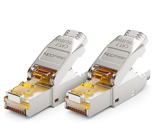 deleyCON 2x Spina di Rete CAT 7 Spina RJ45 Connettore di Rete Schermato Senza Attrezzi 10 Gbit/s 600 MHz per Cavi di Installazione Rigidi Cavi Grezzi Connettore a Spina RJ45 Ethernet LAN Cavi Patch