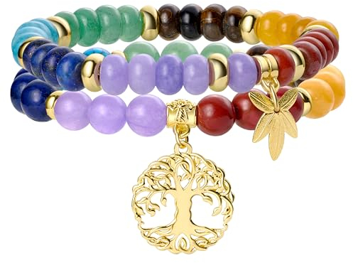 Bivei 7 Chakren Perlenarmbänder Naturkristall Gold Baum des Lebens und Ahornblatt Charm Chakra Energie Armband Set Halbedelstein Stretcharmbänder für Frauen – Goldbaum