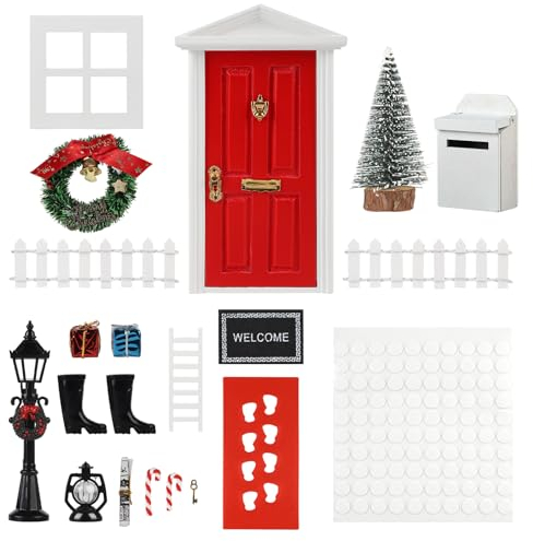 CPROSP 20tlg Wichteltür Zubehör Weihnachten Set, Elfentür Holz, Nissedor mit Miniatur Briefkästen, Zäun, Leiter, Stiefel, Kranz, Stiefel, Feentür Set für Kinder Geschenke