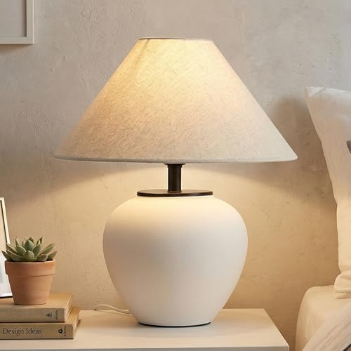 HvKvHvY Rustikale schwarze Tischlampe, Wabi-Sabi-Bauernhaus-Tischlampe, handgefertigte Vintage-Keramik-Schreibtischlampe mit Leinenschirm, Nachttischlampe für Wohnzimmer, Schlafzimmer, Büro (weiß)