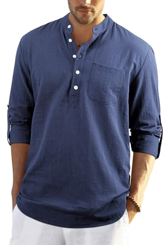 Enlision Mens Haze Blue Cotton Linen Shirts Long Sleeve Shirt Button Down Henley Shirts Lightweight Casual Plain Tops for Men S