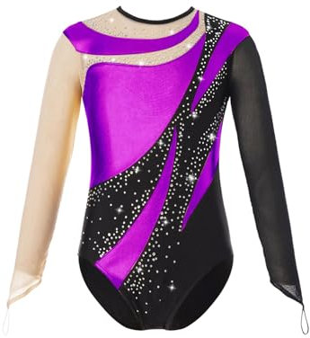 TiaoBug Body Ginnastica Artistica Bambina Manica Lunga Body Danza Classica Moderna Strass Leotards da Ballo Latino Abito da Pattinaggio Artistico Allenamento Dancewear Viola B 5-6 anni