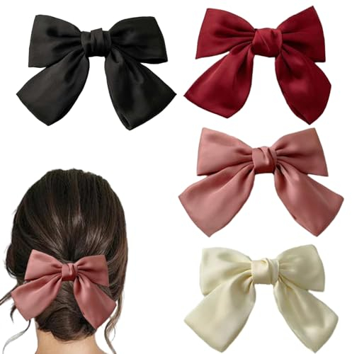 4 Fermaglio per capelli con fiocco, eleganti accessori per capelli in raso per donne e ragazze (nero, bianco, rosa e rosso)