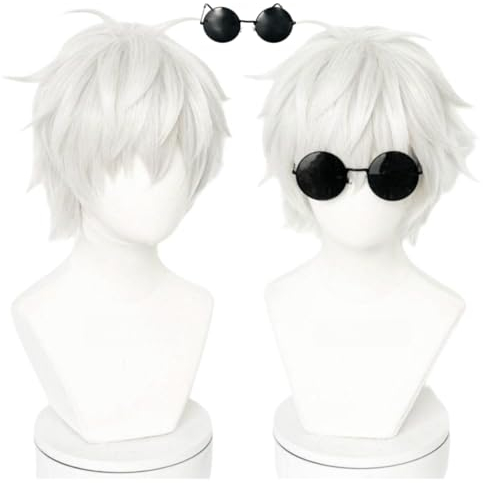 MIGUOO Anime Jujutsu Kaisen Satoru Gojo Cosplay Perücke, Silber Weiß Kurzhaar Perücken, Für Halloween Kostüm Party Auf Brille Perücke Cap