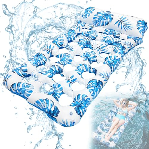 ACTOYS Hamaca Flotante Piscina para Adultos, Cama Flotante con Agujeros, Hamaca de Agua Inflable, Flotadore Inflable Piscina con Patrón de Hojas Azules, Colchoneta Hinchable para Nadar Playa Fiesta