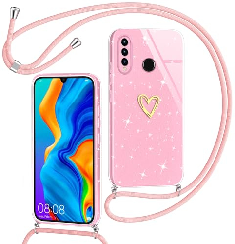 Yichxu Handykette für Huawei P30 Lite Hülle mit Band, Glitzer Herz Silikon Handyhülle Kordel zum Umhängen, Schutzhülle mit Kette TPU Gel Stoßfest Necklace Handy Hülle für Huawei P30 Lite, Rosa