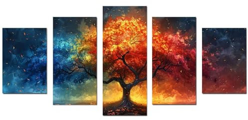 JOSUE 5 pezzi Albero Della Vita Quadri Albero della vita a tre colori Stampe E Quadri Su Tela,Rosso Quadri Decorazioni Soggiorno Sala Da Pranzo Bar-50x100cm Non incorniciato
