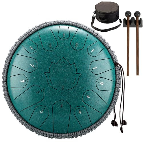 Konrisa 13 Zoll 15 Noten Steel Tongue Drum Percussion Instrumente C-Dur Steel Drum Meditation Yoga Zen Drum Musical, Hand Pan Instrumente mit Drum Mallets und Tragetasche (Grün)