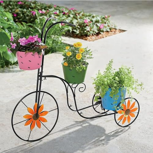 Thrink Metal Bicycle Planter Basket Stand – Decorative Flower Pot Cart for Garden, Patio, Deck, Entry, and Porch Décor
