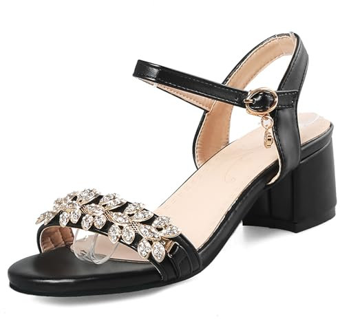 OALEEN Sandales Femme Eté Petit Talon Carré Bride Cheville Strass Nu-pieds PU Cuir Confort Chaussures Ouverte Mariage Noir 35