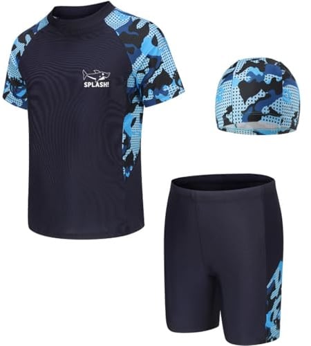 NIUAOAO Boys Swimsuits Kids 3PCS Rash Guard Sets with Hat UPF50+ Short Sleeve Swimwear Sets 9-10 Years for Boys 5XL