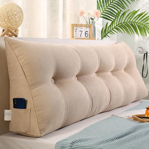 BaoTom Kissen Bett Rückenkissen, Lesekissen für Bett, Rückenlehne Kissen, Rückenpolster Wand Abnehmbar Lendenkissen Werden als Kopfteil, Sofa Rückenkissen Keilkissen mit Seitentasche(Beige,80*50*20cm)