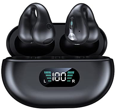 SLuB Cuffie a Conduzione Ossea, Cuffie Aperte senza Fili, Cuffie Sportive con Clip All'orecchio, Bluetooth 5.4, Suono Stereo HiFi, Microfono Incorporato, Adatte per la Corsa, il Fitness (Nero)