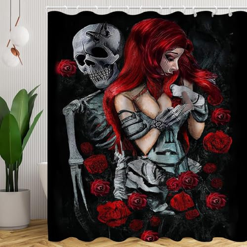 SMchwbc Rideau de douche - Motif tête de mort - 180 x 200 cm - 180 x 180 cm - Motif tête de mort et fleurs - Rose - Style gothique - En polyester - Motif squelette d'Halloween - 12 crochets (4,120 x