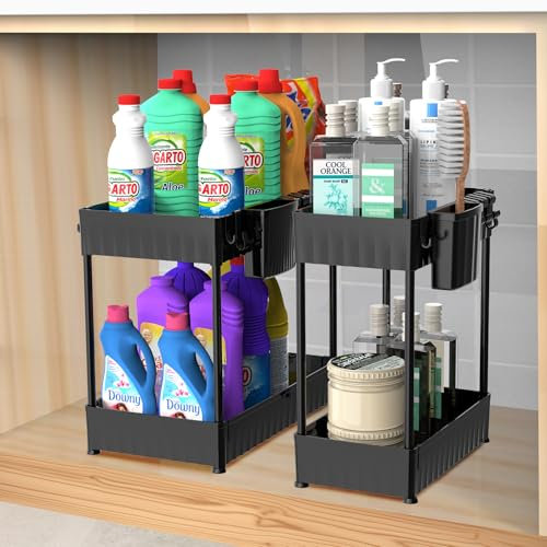 Latoxcaa 2 Pack Under Sink Storage, Premium ABS 2-Tier Kitchen Storage Under Sink Organizer with Hanging Cups, Heavy Duty Kitchen Organizers Cabinet Storage & Organisation for Countertop, Size1L+1M