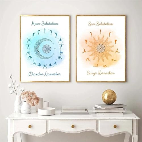 AWKFHF Yoga Sonnengruß & Mondgruß Malerei Bilder,Leinwandbild Poster Kein Rahmen Kunstdruck Wohnzimmer Deko Schlafzimmer Bilder Wanddekoration (2X20X30CM,ohne Rahmen)