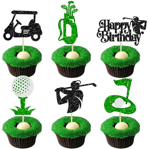 Ephlyn 24Pcs Golf Cupcake Toppers Glitter Trophy Lawn Golf Shoes Bag Ball Carts Cupcake Picks for Golf Sports Player Theme Baby Shower Birthday Party Cake Decorations Supplies