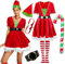 IKALI Weihnachtskleid Damen Elfen Kostüm, Miss Santa Kostüm Frauen Weihnachten Fancy Kleid Outfit Santa Kostüm mit Hut Halskette Gürtel Strumpf L