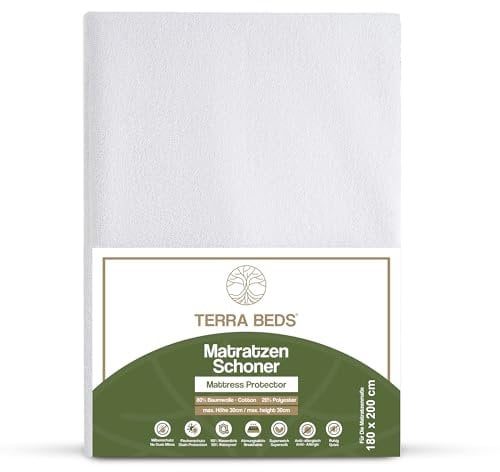 Terra Beds Matratzenschoner 180x200 cm, 100% wasserdichte Matratzenauflage, atmungsaktives und superweiches Baumwollmaterial, geräuschlos, Oeko-TEX-Zertifiziert, Fleckenschutz und waschbar
