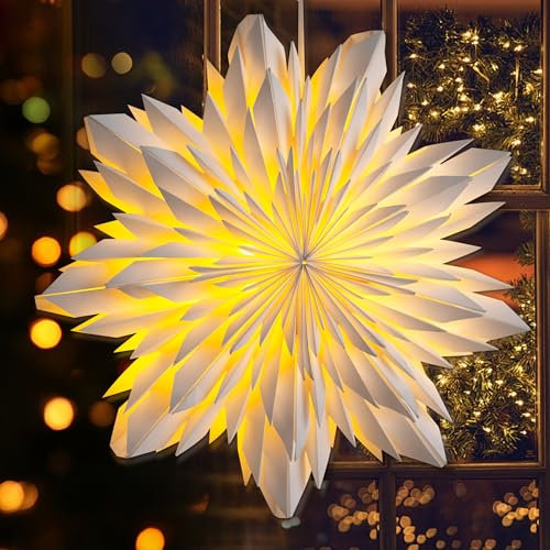 EANLOLY Weihnachtsstern Beleuchtet LED Stern, Weihnachtsdeko Innen Fenster, Papiersterne Zum Aufhängen mit Beleuchtung, Weihnachten Leuchtstern Lichterkette, 60 cm - Weiß