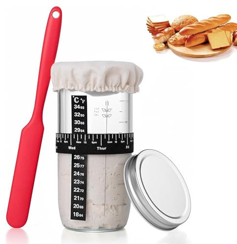 Masa Madre Sourdough Starter Jar Kit, 730ml Juego de Fermentación, Fermentador de Vidrio, Con Espátula de Silicona, Papel de Temperatura, Cubierta de Tela Cosida y Tapa de Metal, Para Hornear Pan