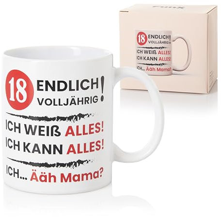 FunX Tasse 18 Endlich Volljährig - Kaffeetasse mit Spruch als lustiges Geschenk zum 18. Geburtstag für Mädchen und Jungen