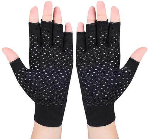 Atan Arthritis Gloves with Grip Dots, Black Dotted Compression Gloves for Pain Relief, Raynaud’s Syndrome, and Joint Support - Fingerless Design for Comfort & Flexibility (L)