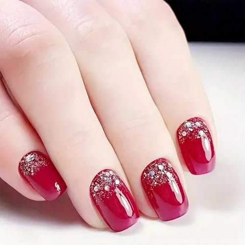 Red Glitter Square False Nails - 24pcs Full Cover Press-on with French Tips and Jelly Adhesive - DIY Nail Art Gift for Women