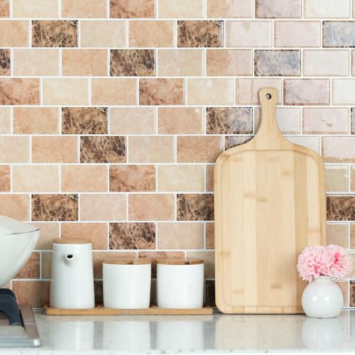 10 Sheets Marble Effect Tile Stickers, Peel and Stick on Tiles for Kitchen Bathroom, Vinyl Wall Self Adhesive Tile Decals Covers Waterproof (Brown Mix)