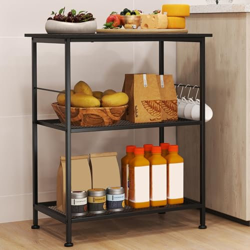 GiantexUK Kitchen Baker's Rack, 3 Tier Serving Cart Microwave Stand with Shelves, Lockable Wheels & 5/10 Hooks, Rolling Storage Trolley for Home Office Living Room(Black, Lower Mesh Shelves)