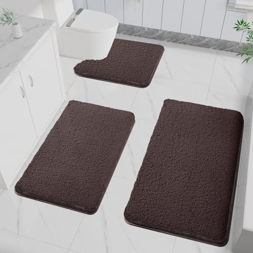 LUOJINYI 3 Stück Badematte rutschfest, Weich Wasserabsorbierende, Shaggy Hochflor-Mikrofasermatte für das Badezimmer, Badvorleger Maschinenwaschbar für Badewanne, Dusche und Badezimmer (Kaffee)