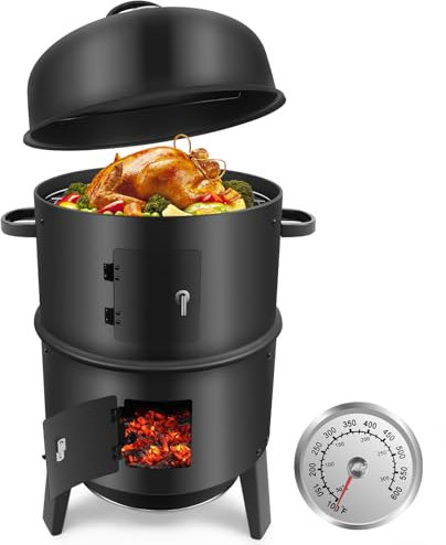 kisidus Bruciatore 3 in 1, barbecue a carbonella con coperchio, affumicatore con gancio per affumicatura e termometro, griglia per affumicare, barbecue e cottura, nero