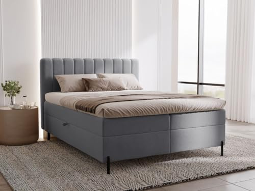 GRAINGOLD Primavera Bett 140x200, Boxspringbett mit Bettkasten, Polsterbett mit Bonell-Matratze, Samt Stoff, mit Topper, mit Kopfteil (Dunkelgrau, 140x200)