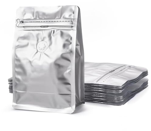 Crafans 10Pcs Coffee Beans Bags with Valve Rectangle Zipper Coffee Storage Bags Flat Bottom Standing Resealable Pouches Heat Seal Side Packing Bag for Candy Snake Cookies Storage, Silver