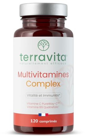 MULTIVITAMINES et Minéraux 20 Nutriments | Toutes les Vitamines Essentielles dont B9 B12 C D3 + Minéraux dont Zinc Bisglycinate + Antioxydants et Iode | 120 Comprimés | Made in France | Terravita