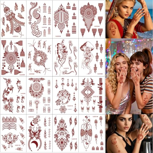 XMASIR 16 Temporäre Tattoo-Aufkleber-Set, Braune Falsche Tattoo-Aufkleber Für Schmetterlinge, Schmetterlinge, Knotenblumen, Nagelblumen Mädchen, Wasserdichte Tätowierung Für Hochzeitsfeiern (braun)